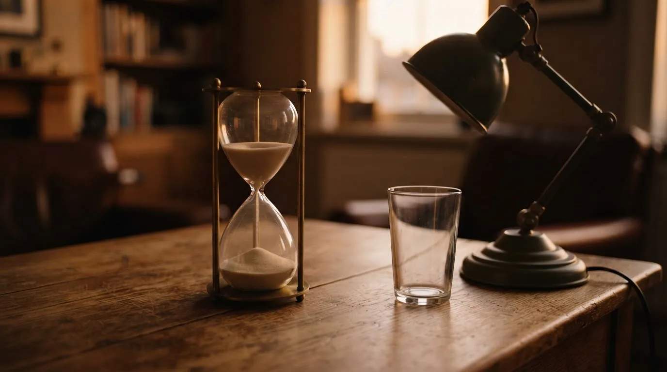 Eine Sanduhr und ein leeres Glas Wasser stehen auf einem Schreibtisch, daneben eine ausgeschaltete Tischlampe im Abendlicht.