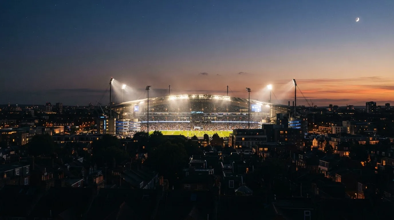 Ein Stadion unter Flutlicht aus großer Entfernung gesehen, davor die dunkle Silhouette einer Stadt in der Dämmerung.