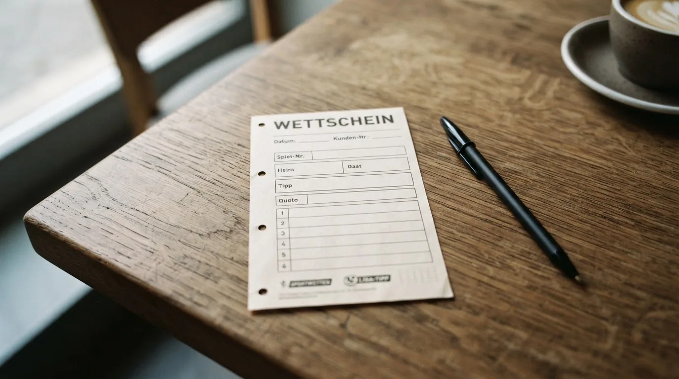 Ein leerer Papier-Wettschein liegt neben einem Kugelschreiber auf einem Tisch, ohne lesbaren Aufdruck, im Tageslicht.