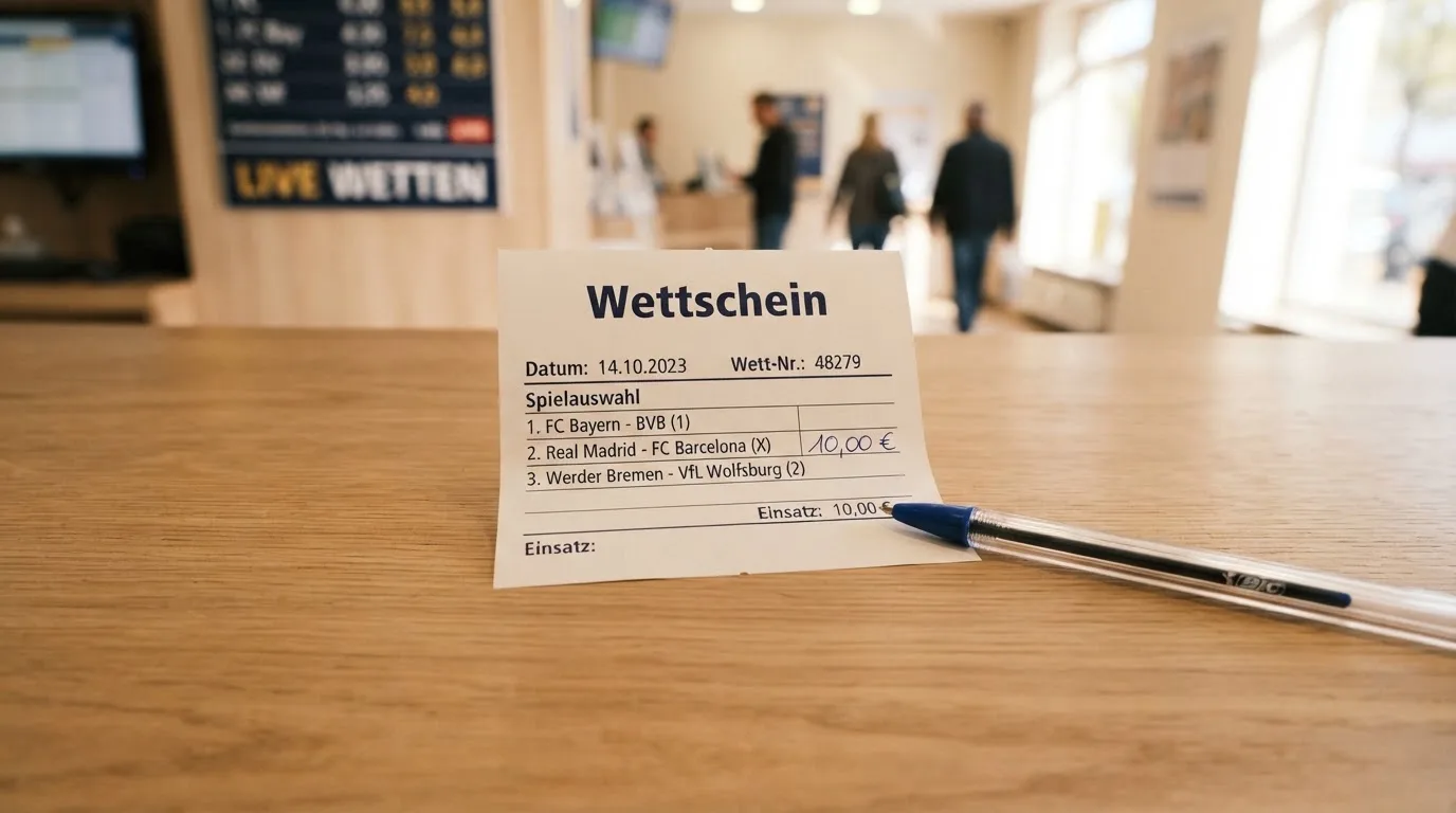 Ein leerer Papier-Wettschein und ein Kugelschreiber liegen auf einer Theke aus hellem Holz im Tageslicht.