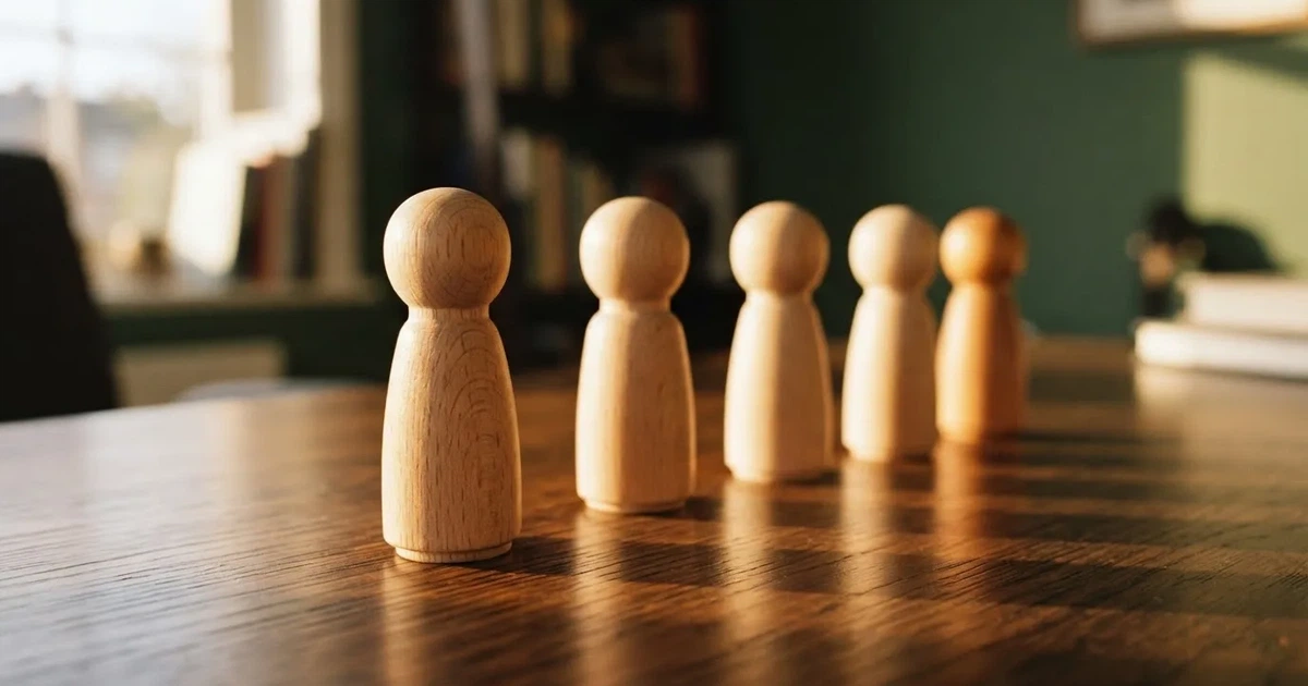 Fünf Holzfiguren stehen in einer Reihe auf einem Tisch, die erste Figur ist leicht nach vorn gerückt.