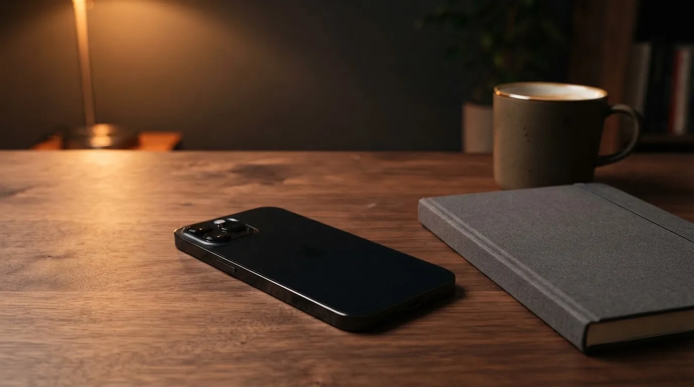 Ein Smartphone liegt mit dunklem Display auf einem Schreibtisch neben einem Notizbuch und einer Kaffeetasse.