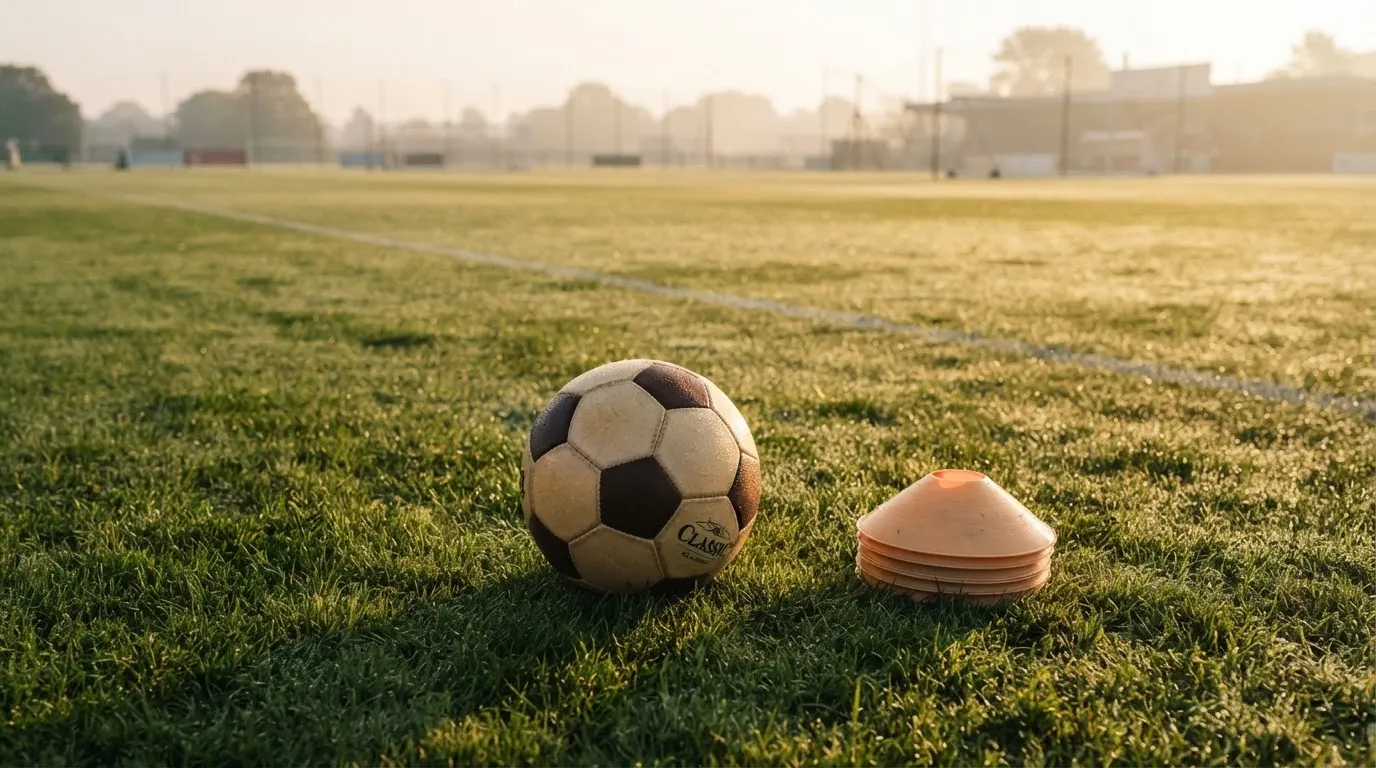 Ein Fußball liegt auf einem Rasenplatz bei Sonnenaufgang, daneben ein kleiner Stapel Trainingshütchen.
