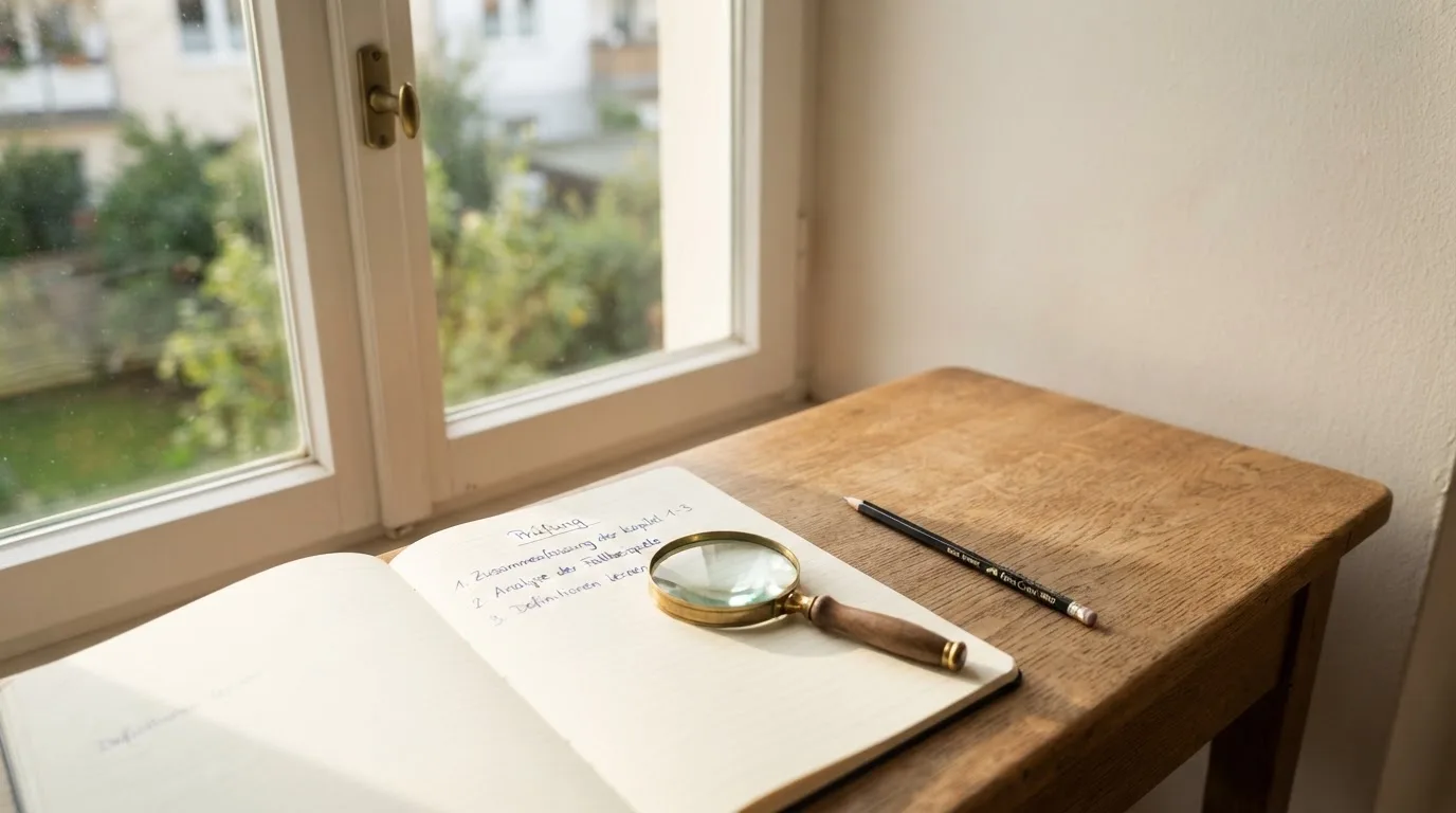 Ein schmaler Schreibtisch am Fenster mit einem Notizbuch, einer Lupe und einem Bleistift im Morgenlicht.