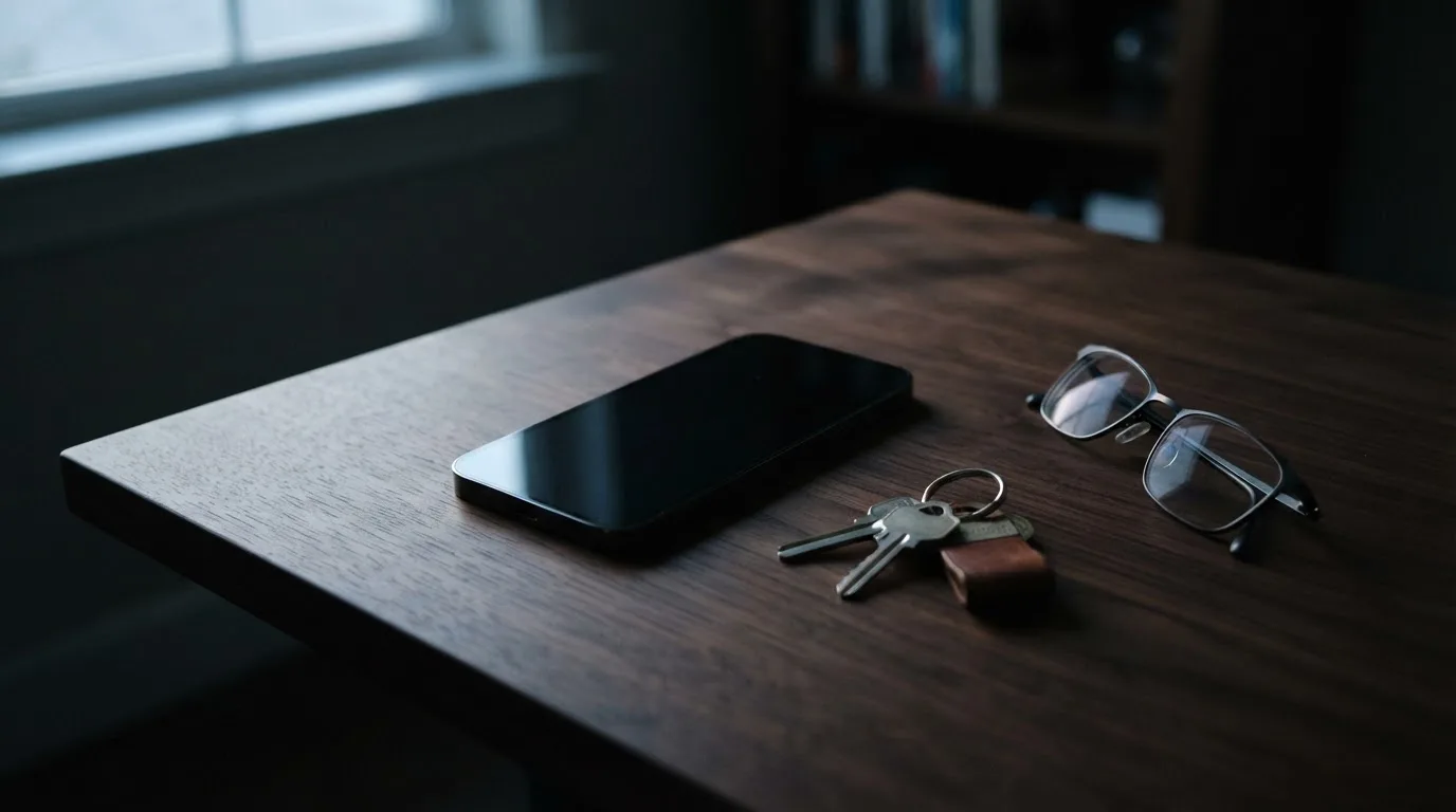 Ein Smartphone liegt mit dunklem Display auf einem Schreibtisch neben einem Schlüsselbund und einer Brille.