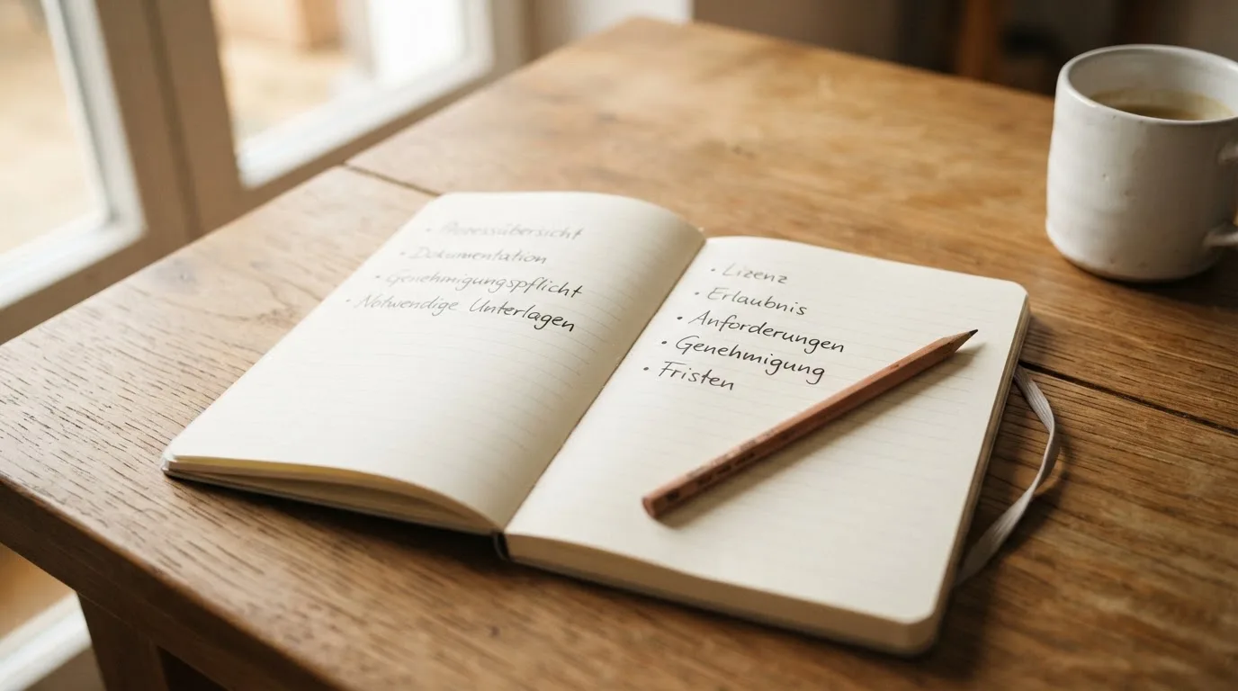 Ein Notizbuch mit handgeschriebenen Stichpunkten und ein Bleistift liegen auf einem Holztisch im Morgenlicht.