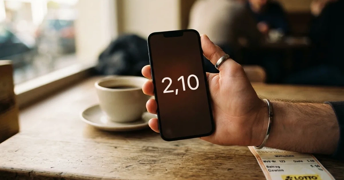 Eine Hand hält ein Smartphone mit dunklem Display, im Hintergrund unscharf ein Café-Tisch mit einer Tasse.