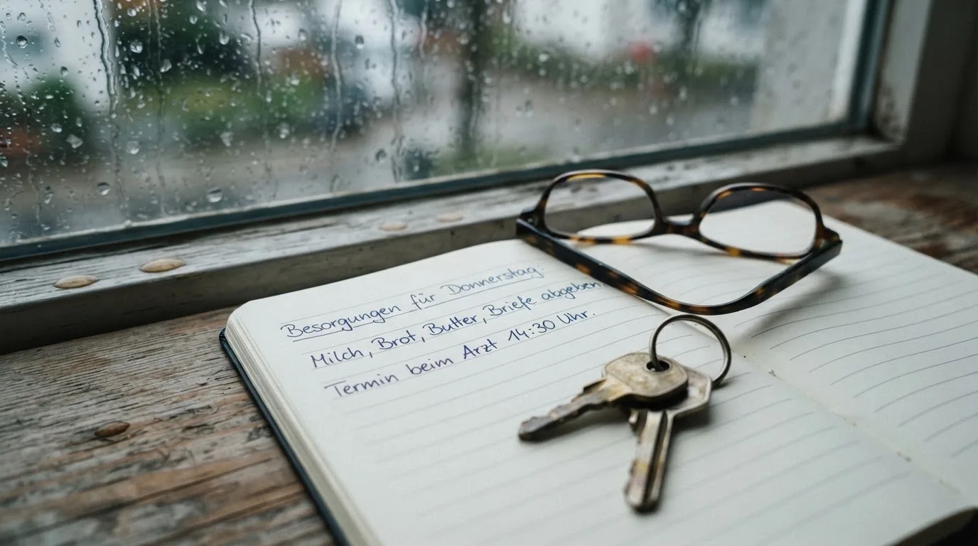 Ein Schlüsselbund und eine Brille liegen auf einem leeren Block neben einem Fenster mit Regentropfen.