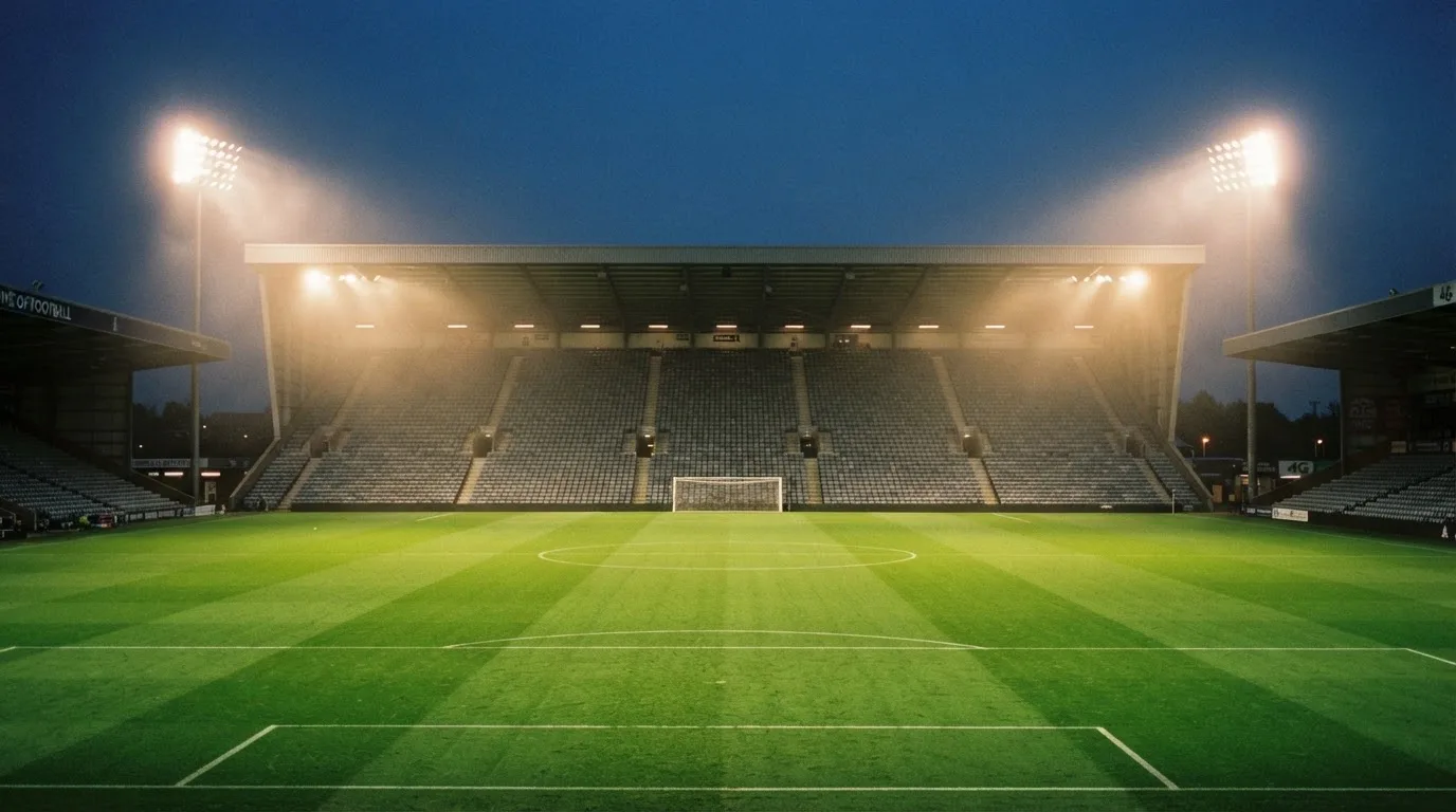 Eine leere Stadiontribüne unter Flutlicht aus der Ferne betrachtet, die Rasenfläche leuchtet grün in der Dämmerung.