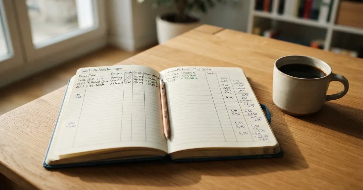 Handschriftliche Zahlenkolonnen in einem Notizbuch, daneben ein Bleistift und eine Tasse Kaffee auf hellem Holz.