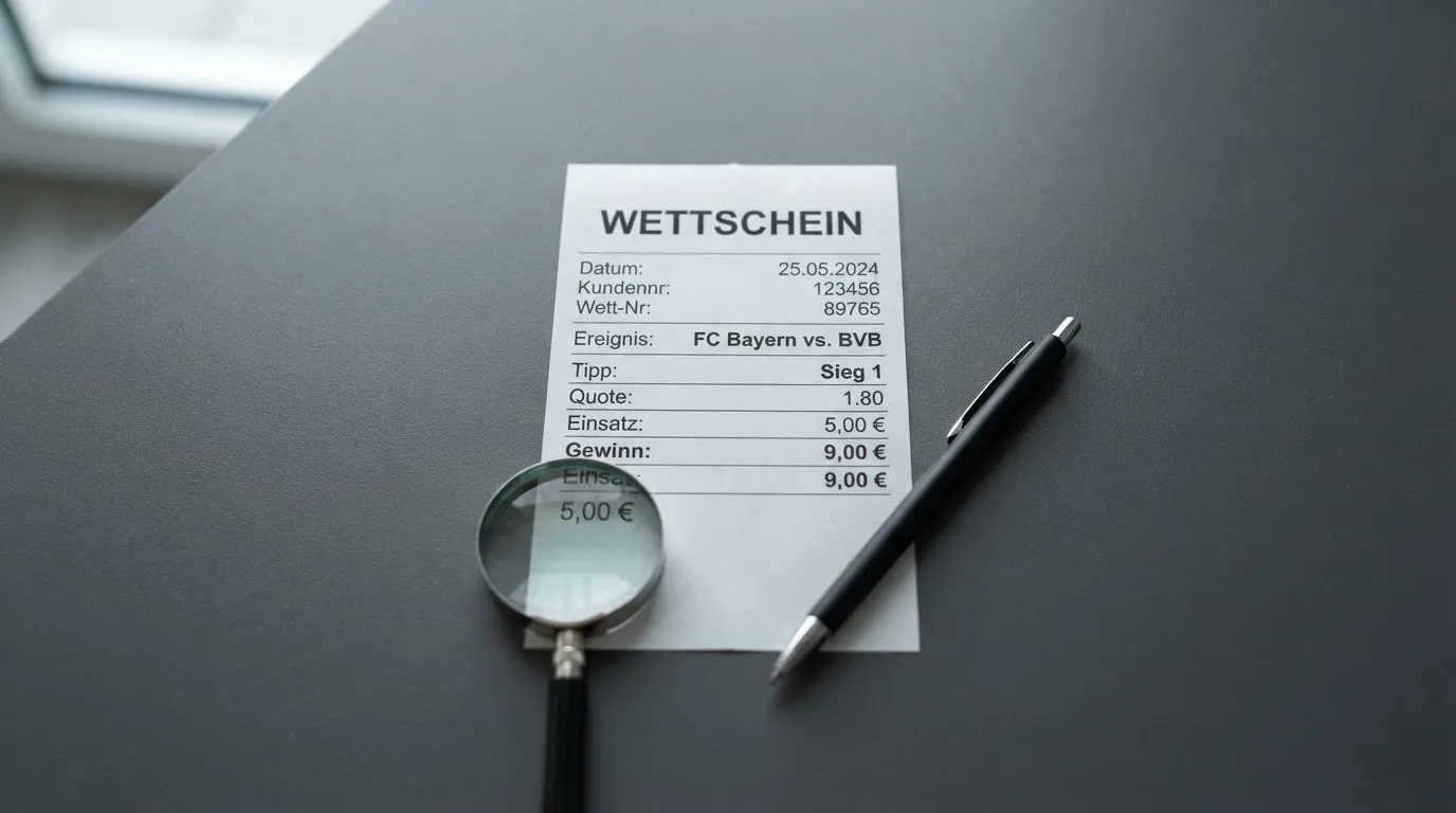 Ein leerer Wettschein aus Papier und ein Kugelschreiber liegen auf einem Schreibtisch neben einer Lupe.