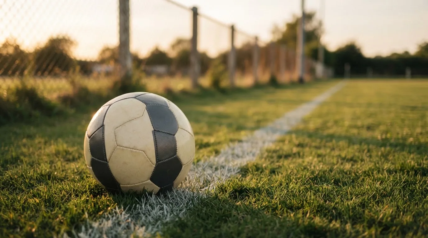 Ein Fußball liegt am Rand eines Rasens neben einer weißen Linie, im Hintergrund ein Zaun in der Abendsonne.
