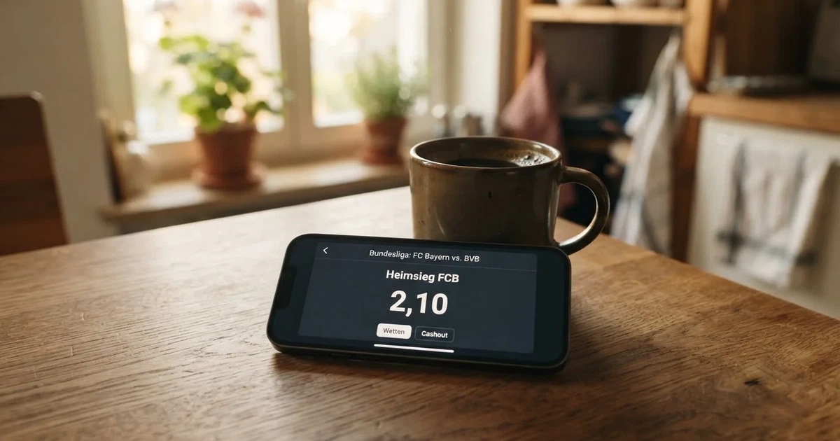 Ein Daumen schwebt über einem Smartphone mit dunklem Display, das auf einem Küchentisch neben einer Tasse liegt.