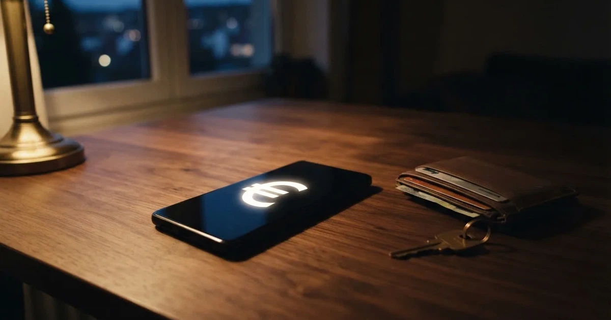 Ein Smartphone mit dunklem Display liegt neben einer Geldbörse und einem Schlüssel auf einem Tisch.