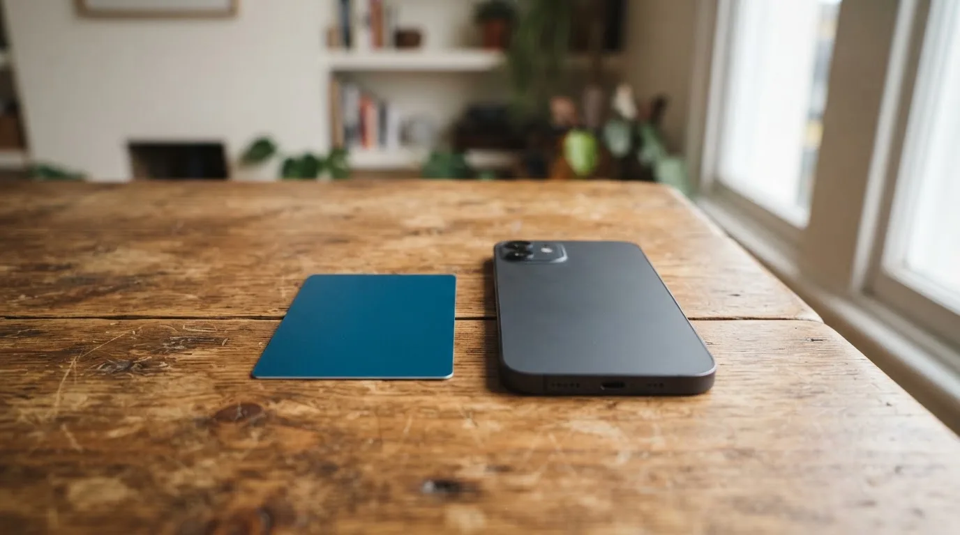 Eine Bankkarte ohne Aufdruck liegt neben einem Smartphone mit dunklem Display auf einem Holztisch.