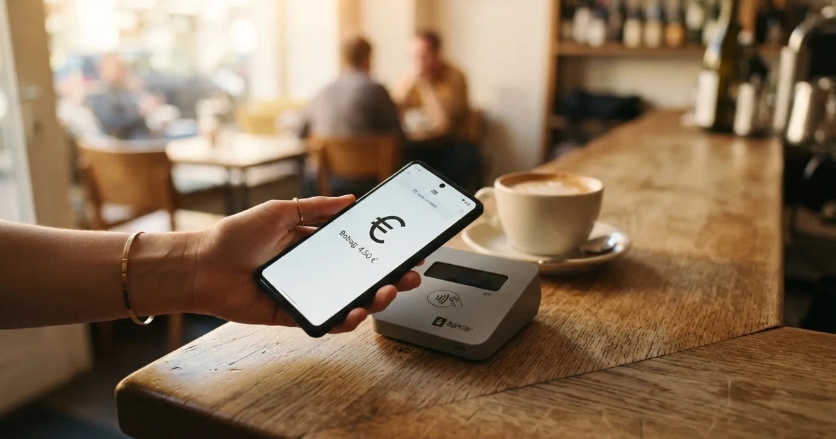 Eine Hand hält ein Smartphone dicht an ein Kartenlesegerät ohne erkennbare Beschriftung in einem Café.