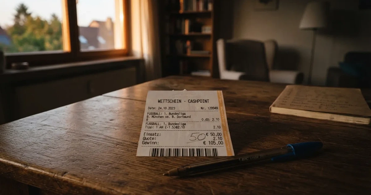 Ein leerer Papier-Wettschein liegt neben einem Kugelschreiber auf einem Tisch, ohne lesbaren Aufdruck.