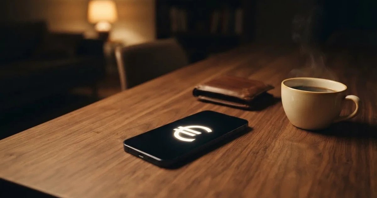 Ein Smartphone mit dunklem Display liegt auf einem Tisch neben einer Geldbörse und einer Tasse Kaffee.