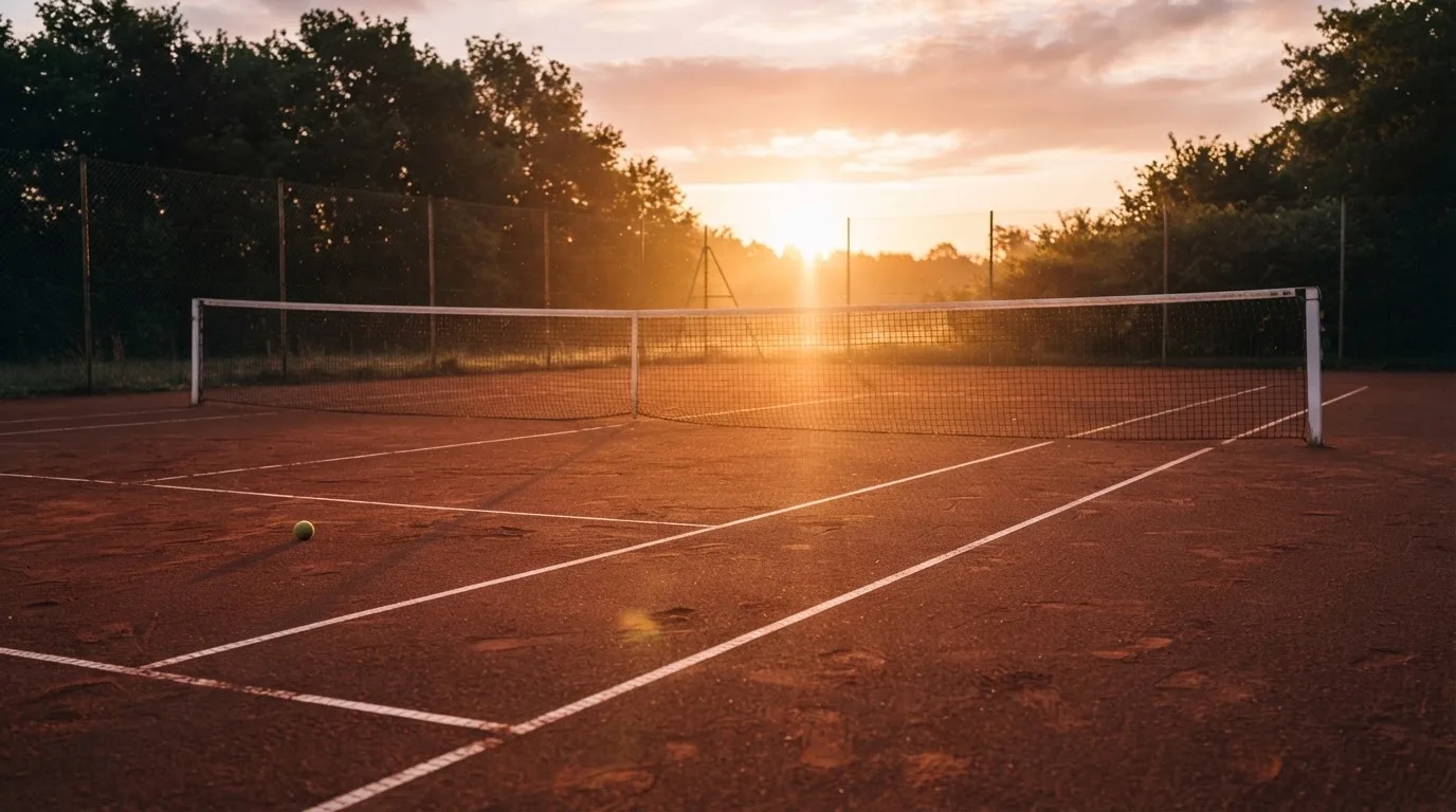 Ein Tennisplatz aus Sand bei Sonnenaufgang, das Netz im Gegenlicht, kein Mensch zu sehen.