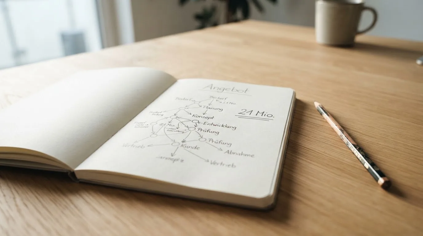 Ein Notizbuch mit handgezeichneten Knoten und Linien liegt neben einem Bleistift auf einem Schreibtisch.