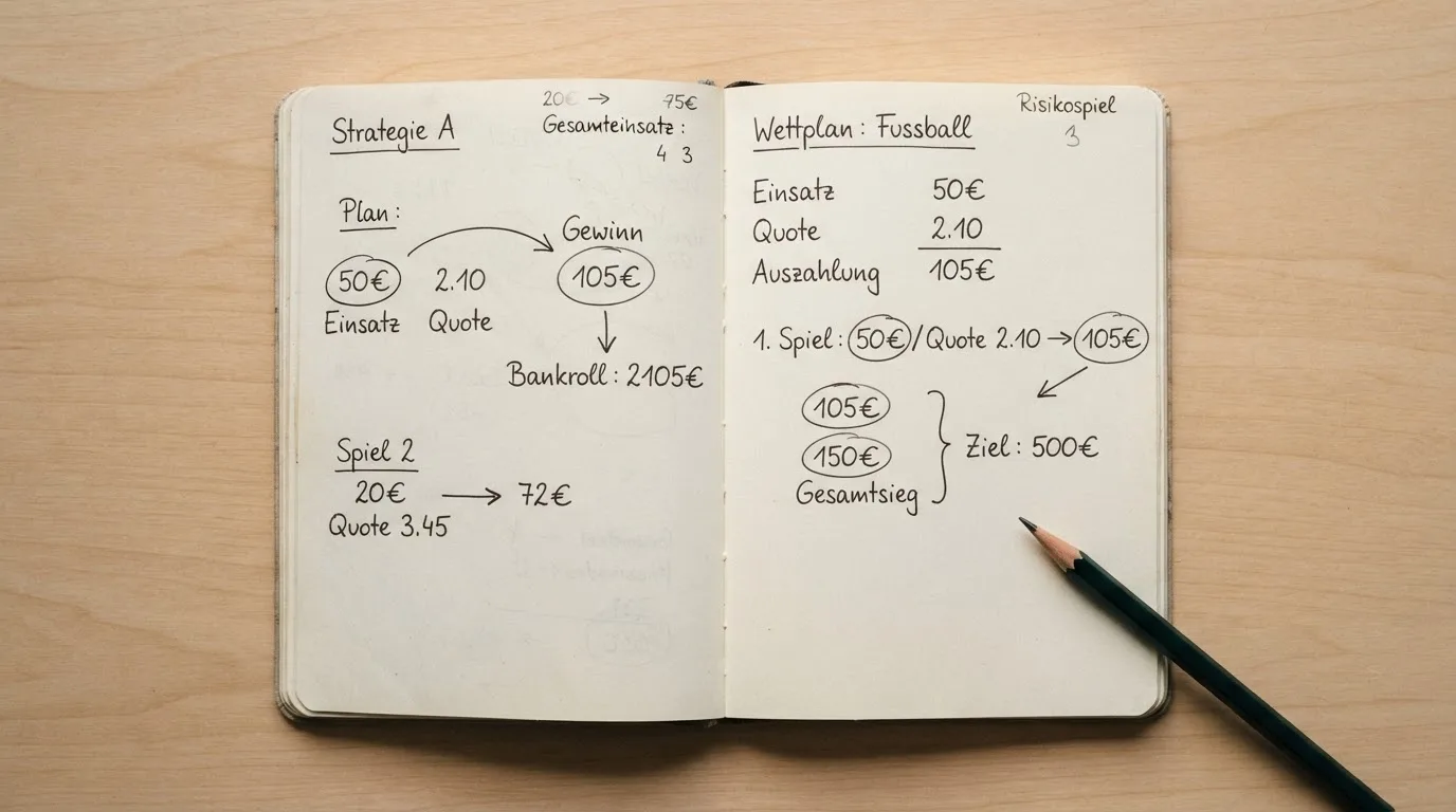 Ein Notizbuch mit handgezeichneten Pfeilen und Kreisen liegt neben einem Bleistift auf einem hellen Tisch.