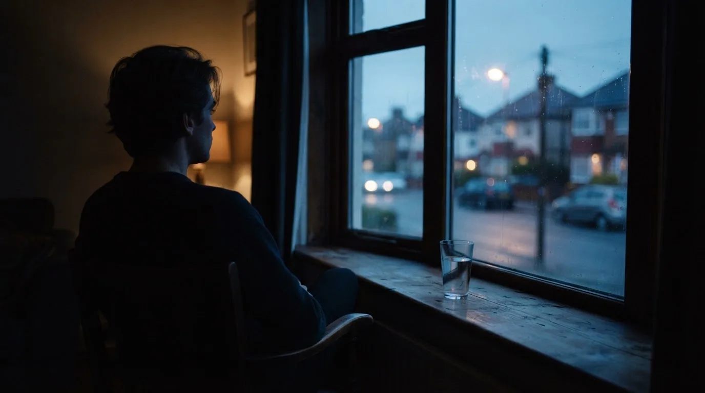 Die Silhouette einer Person sitzt am Abend am Fenster und blickt auf eine Straße, auf dem Fensterbrett steht ein Glas Wasser.