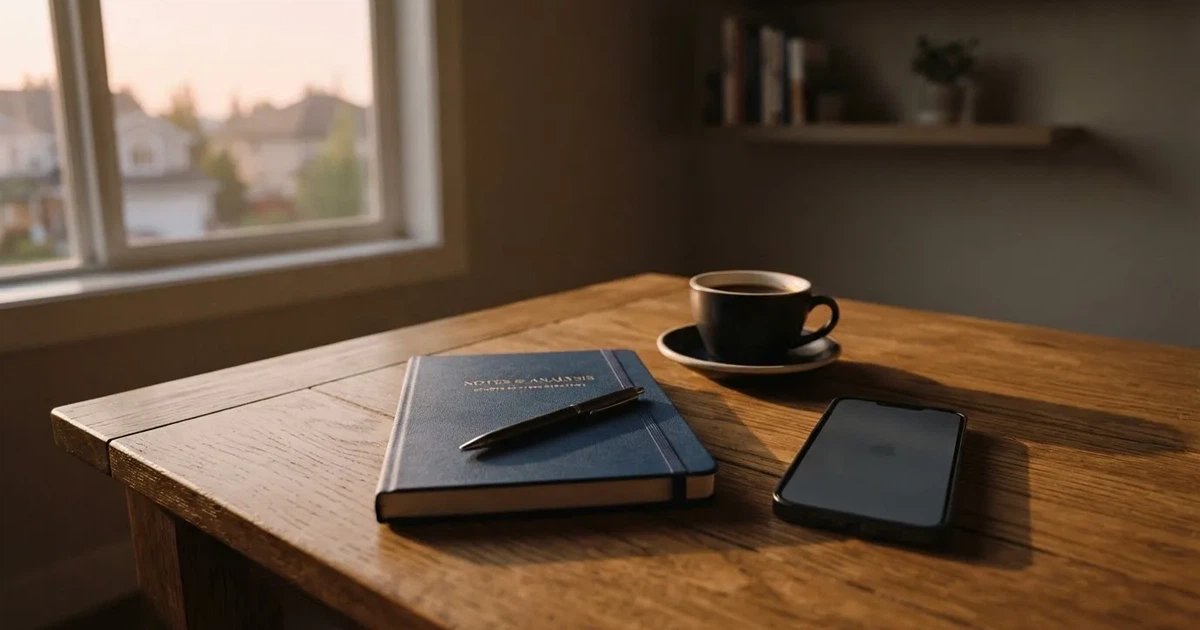 Ein Holzschreibtisch im Morgenlicht mit geschlossenem Notizbuch, Kugelschreiber und Kaffeetasse, daneben ein Smartphone mit dunklem Bildschirm.