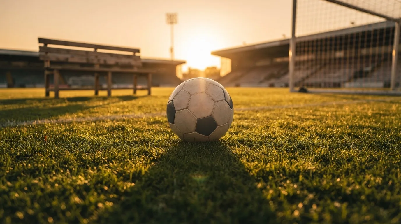Ein Fußball auf einem Rasenplatz im Gegenlicht der tiefstehenden Sonne, am Spielfeldrand eine leere Ersatzbank.