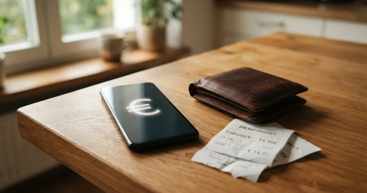 Ein Smartphone mit dunklem Bildschirm liegt neben einer Geldbörse und wenigen Münzen auf einem Holztisch im weichen Fensterlicht.