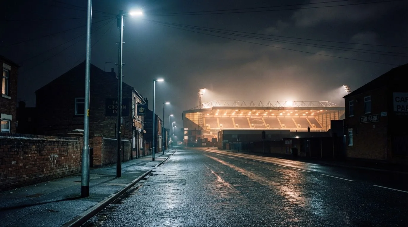 Ein Stadion unter Flutlicht aus der Ferne gesehen, davor eine dunkle Straße mit Laternen und ohne Menschen.