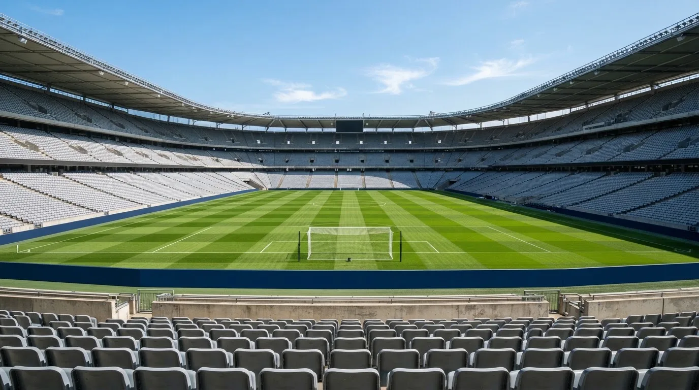 Ein leeres Fußballstadion bei Tageslicht von der Tribüne aus gesehen, der Rasen zeigt gleichmäßige Mähstreifen.