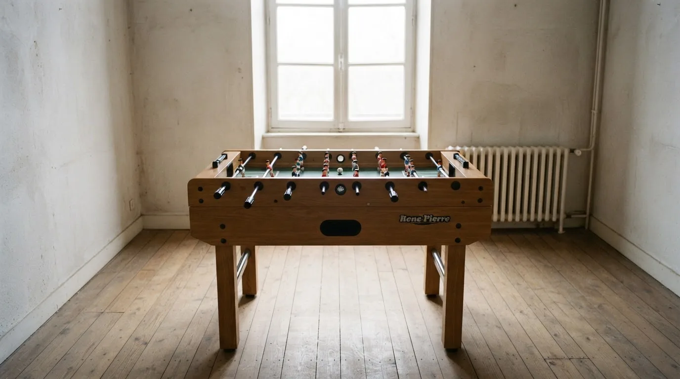 Ein Tischkicker in einem leeren Raum, die Spielfiguren in Reihe, Tageslicht fällt durch ein großes Fenster.