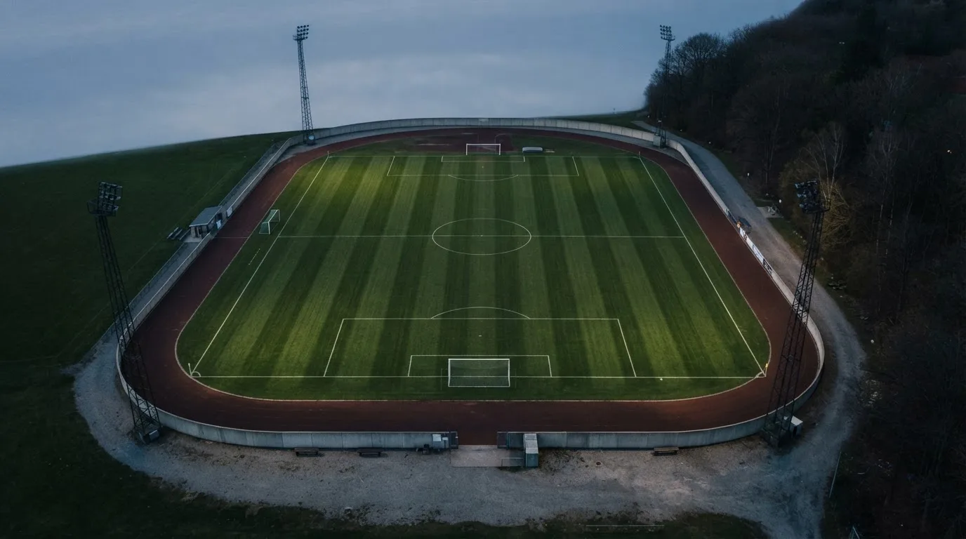 Ein Fußballplatz am Abend aus der Vogelperspektive, Flutlichtmasten ausgeschaltet, die Rasenlinien deutlich sichtbar.