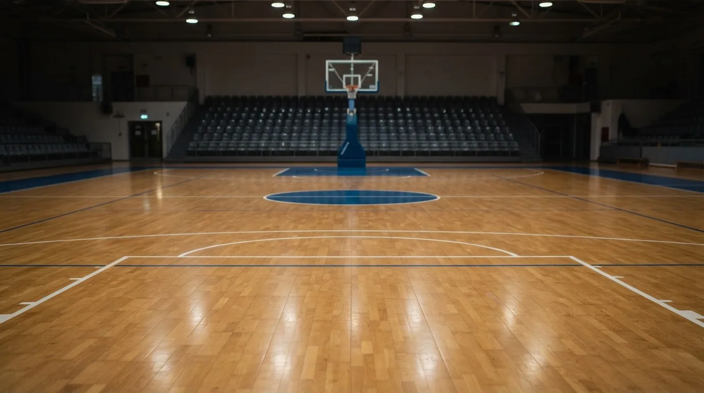 Ein Basketballfeld in einer leeren Halle, das Parkett spiegelt das Licht der Deckenlampen.
