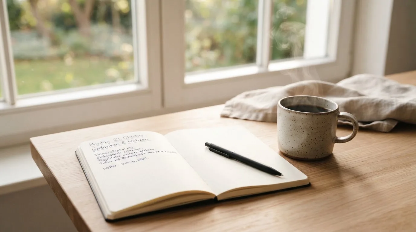 Eine Tasse Kaffee, ein Kugelschreiber und ein aufgeschlagenes leeres Notizbuch auf einem Küchentisch am Fenster.