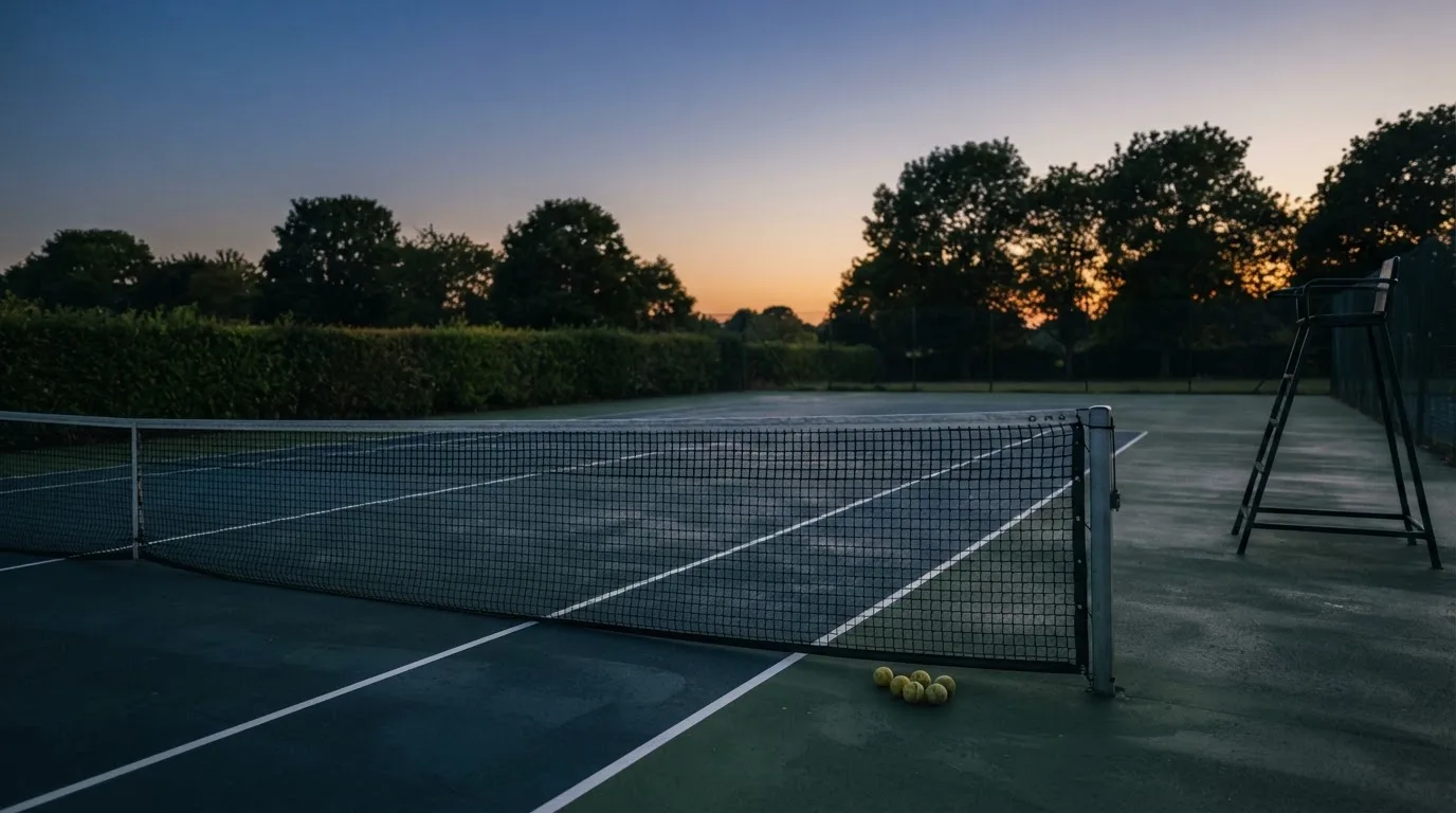 Ein Tennisplatz in der Dämmerung, Netz und Linien im Zwielicht, ohne Menschen und mit ruhigem Himmel.