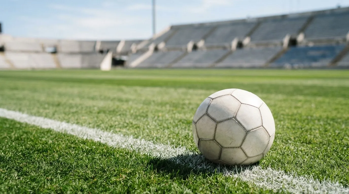 Ein Fußball liegt am Spielfeldrand eines Rasenplatzes, im Hintergrund eine leere Tribüne unter hellem Himmel.
