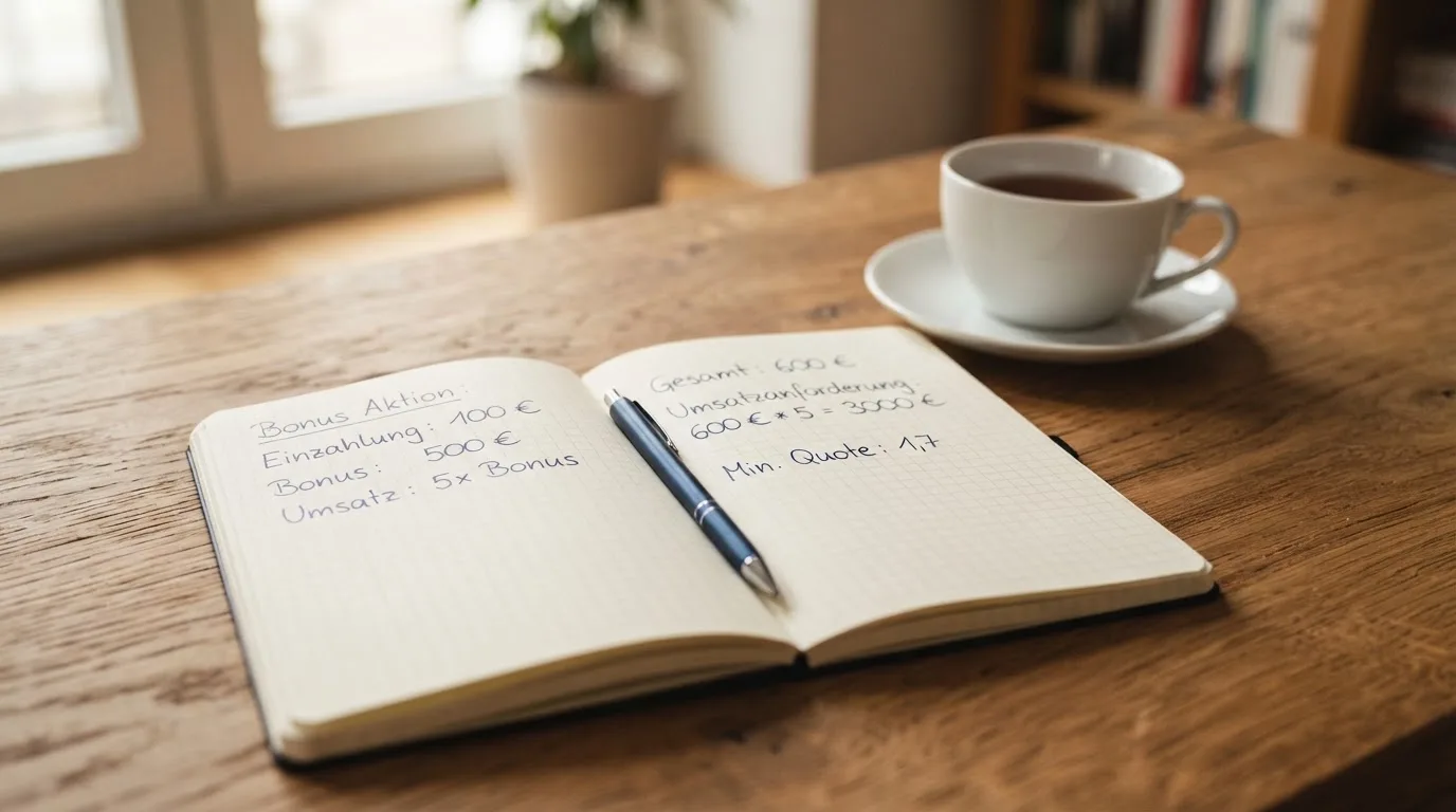 Ein Notizbuch mit handgeschriebenen Rechnungen und ein Taschenrechner auf einem Schreibtisch neben einer Teetasse.