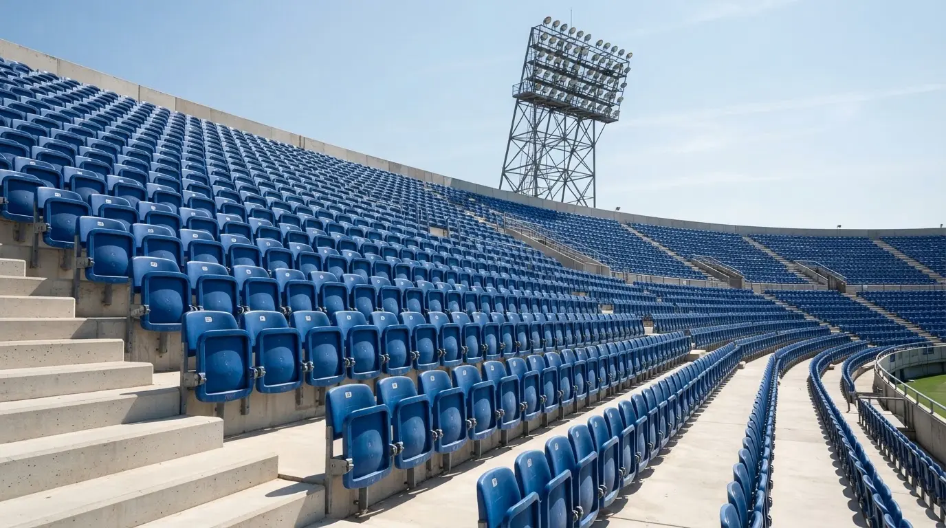Eine leere Tribüne eines Fußballstadions bei Tageslicht, Sitzschalen in Reihen und dahinter ein Flutlichtmast.