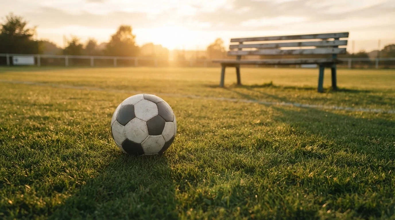 Ein Fußball auf einem Rasenplatz im Gegenlicht der tiefstehenden Sonne, am Rand eine leere Ersatzbank.
