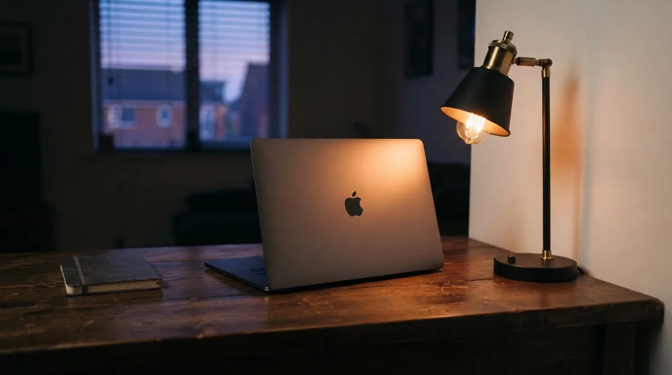 Ein Schreibtisch mit Lampe und geschlossenem Laptop in einem ruhigen Büro bei Abendlicht.