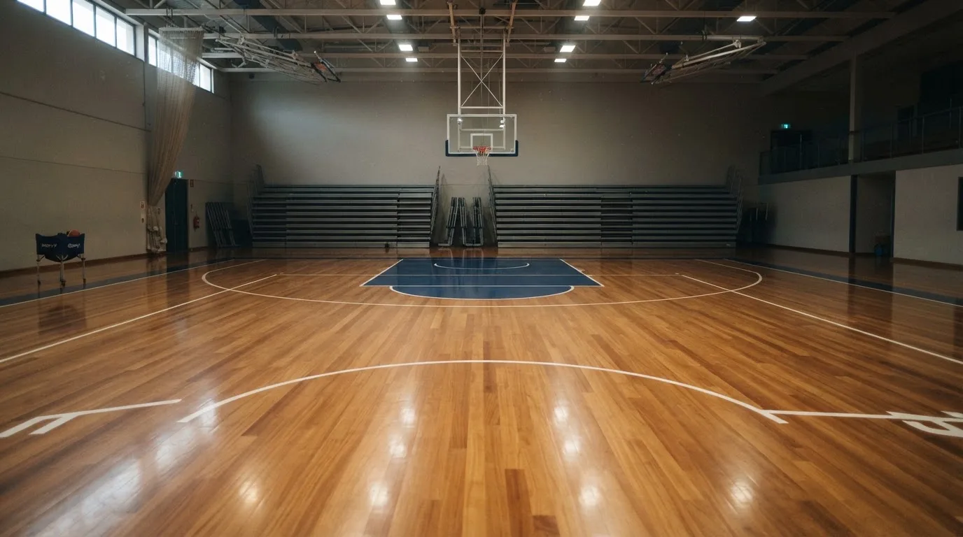 Ein Basketballfeld in einer leeren Halle, das Parkett spiegelt das Deckenlicht.