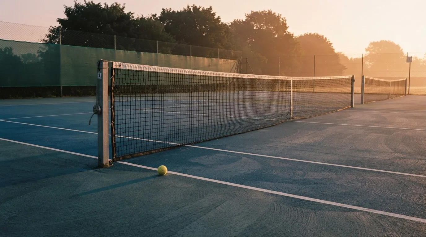 Ein Tennisplatz bei Sonnenaufgang, Netz und Linien im Streiflicht, ohne Menschen.