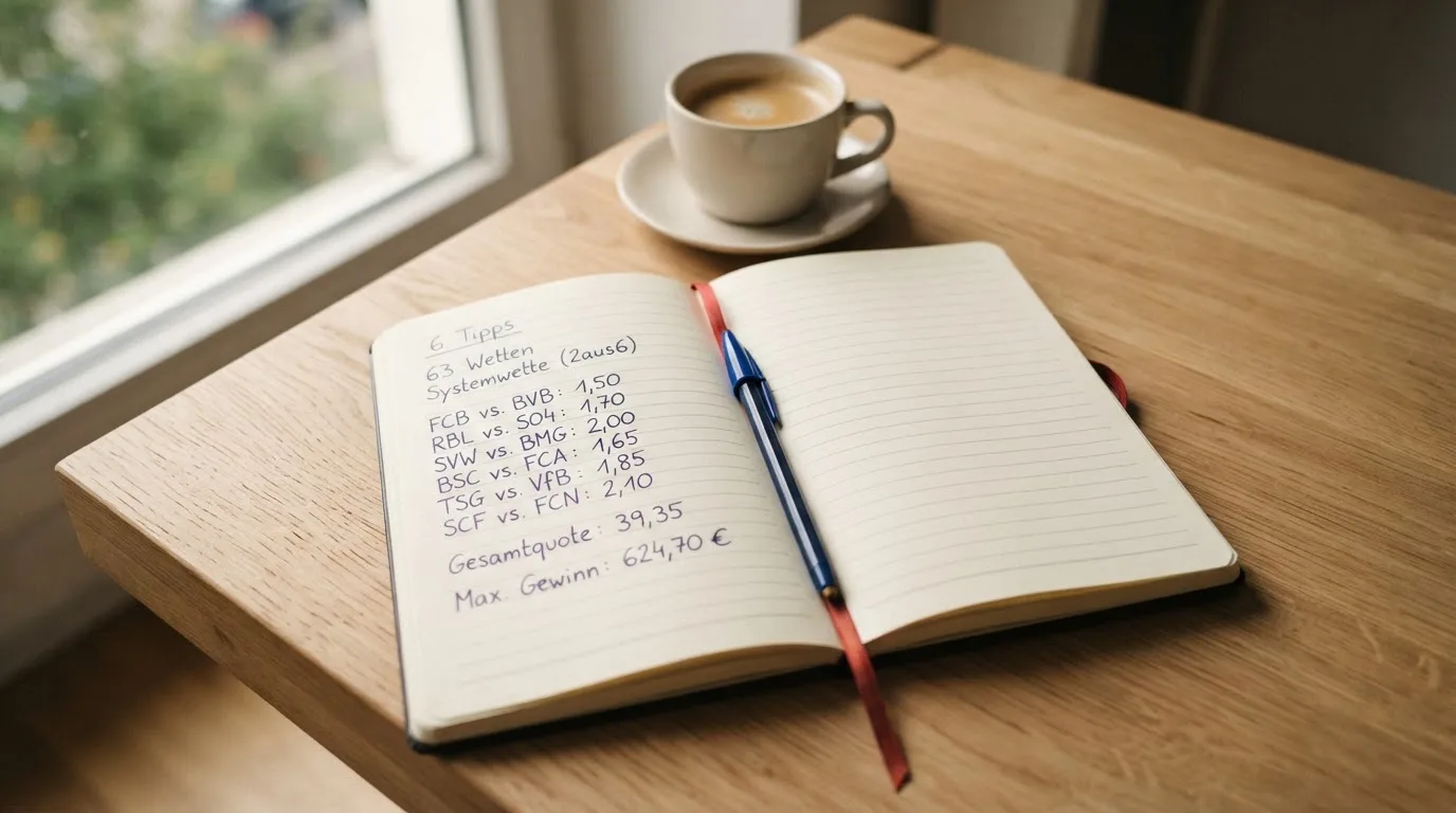 Ein aufgeschlagenes leeres Notizbuch mit Kugelschreiber neben einer Tasse Kaffee auf einem Tisch am Fenster.