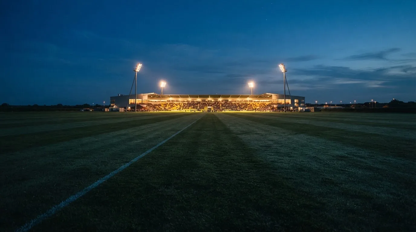 Ein Stadion unter Flutlicht aus der Ferne gesehen, im Vordergrund ein leeres Feld in der Dämmerung.