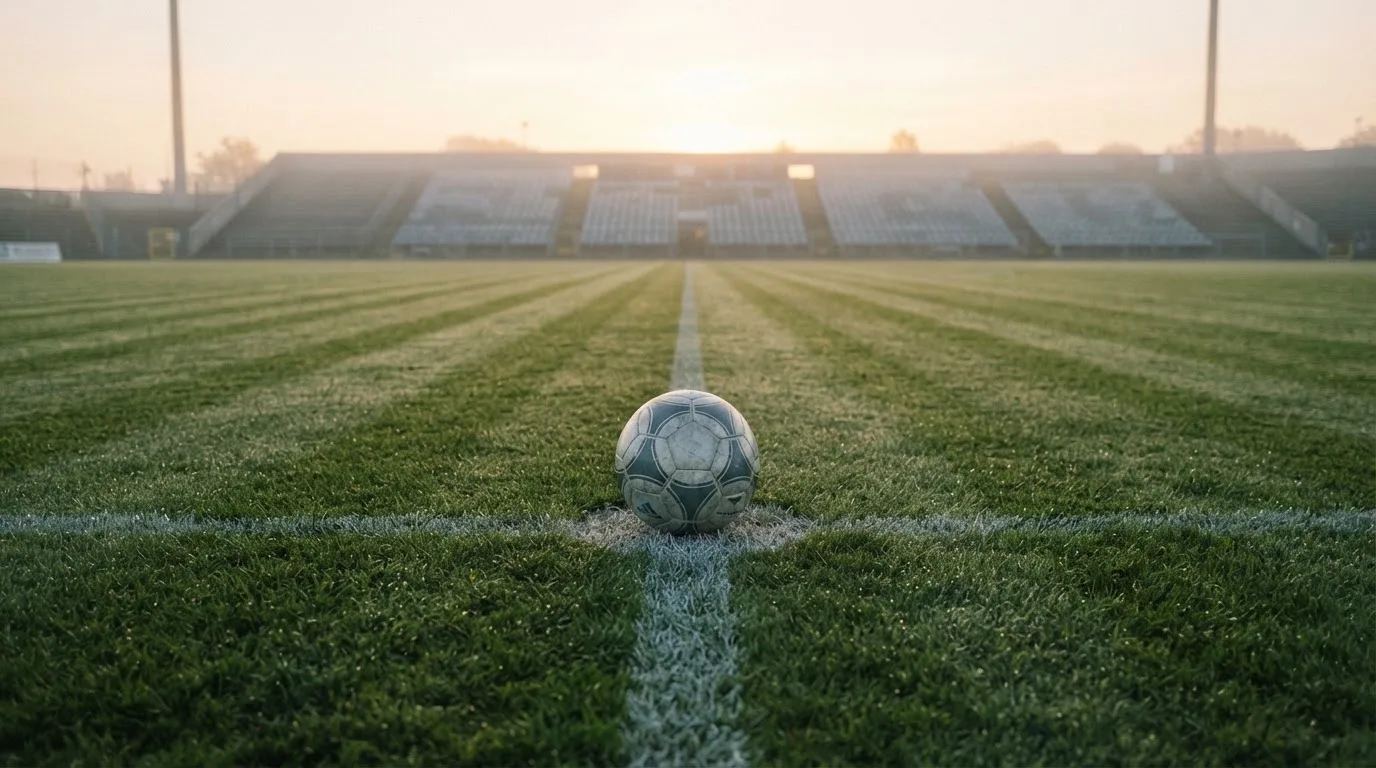 Ein Fußball liegt auf dem Anstoßpunkt eines leeren Rasenplatzes, im Hintergrund hängt Morgendunst über den Tribünen.