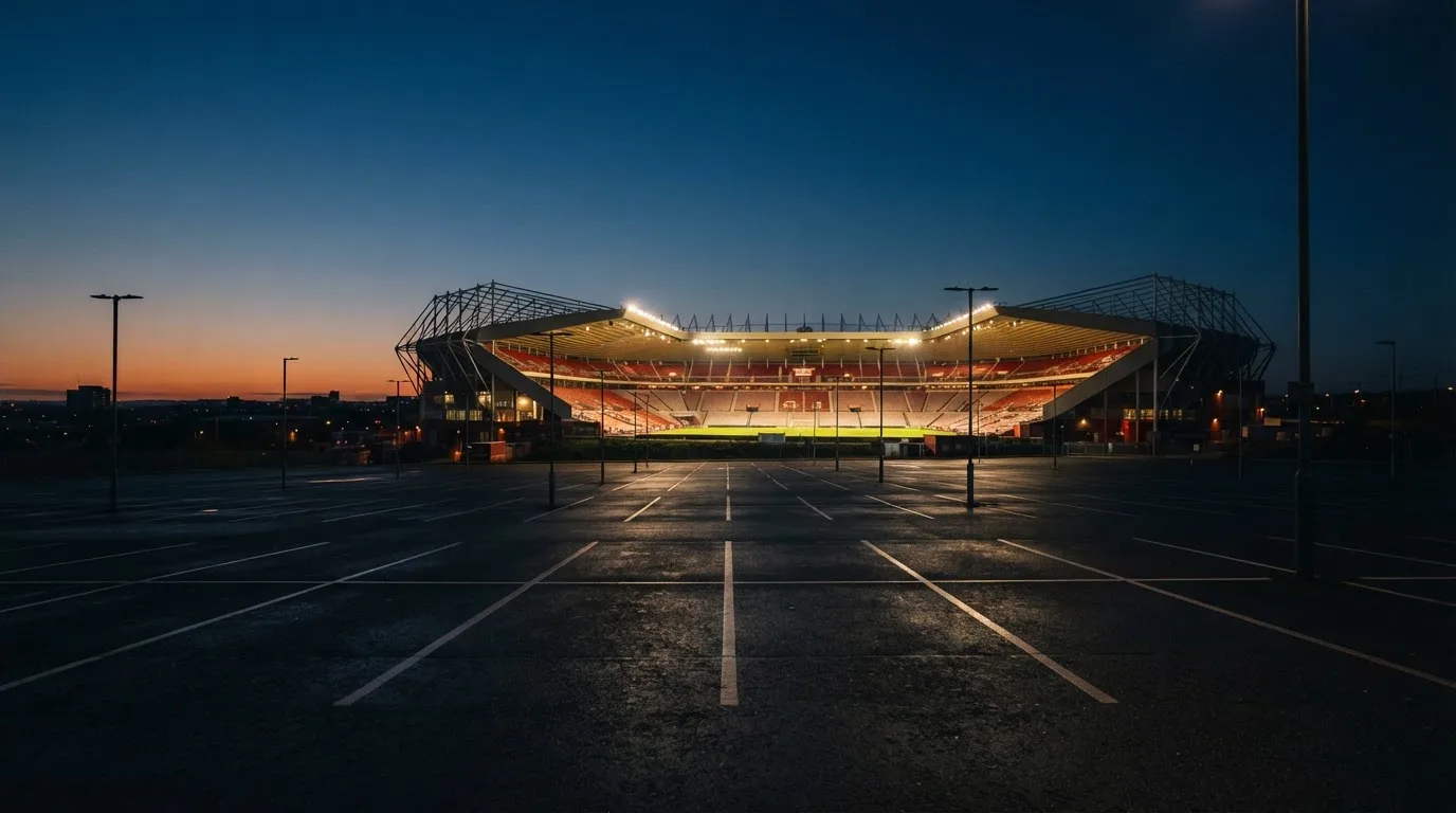 Ein Fußballstadion unter Flutlicht, aus großer Entfernung bei Einbruch der Dunkelheit gesehen, davor ein leerer Parkplatz.