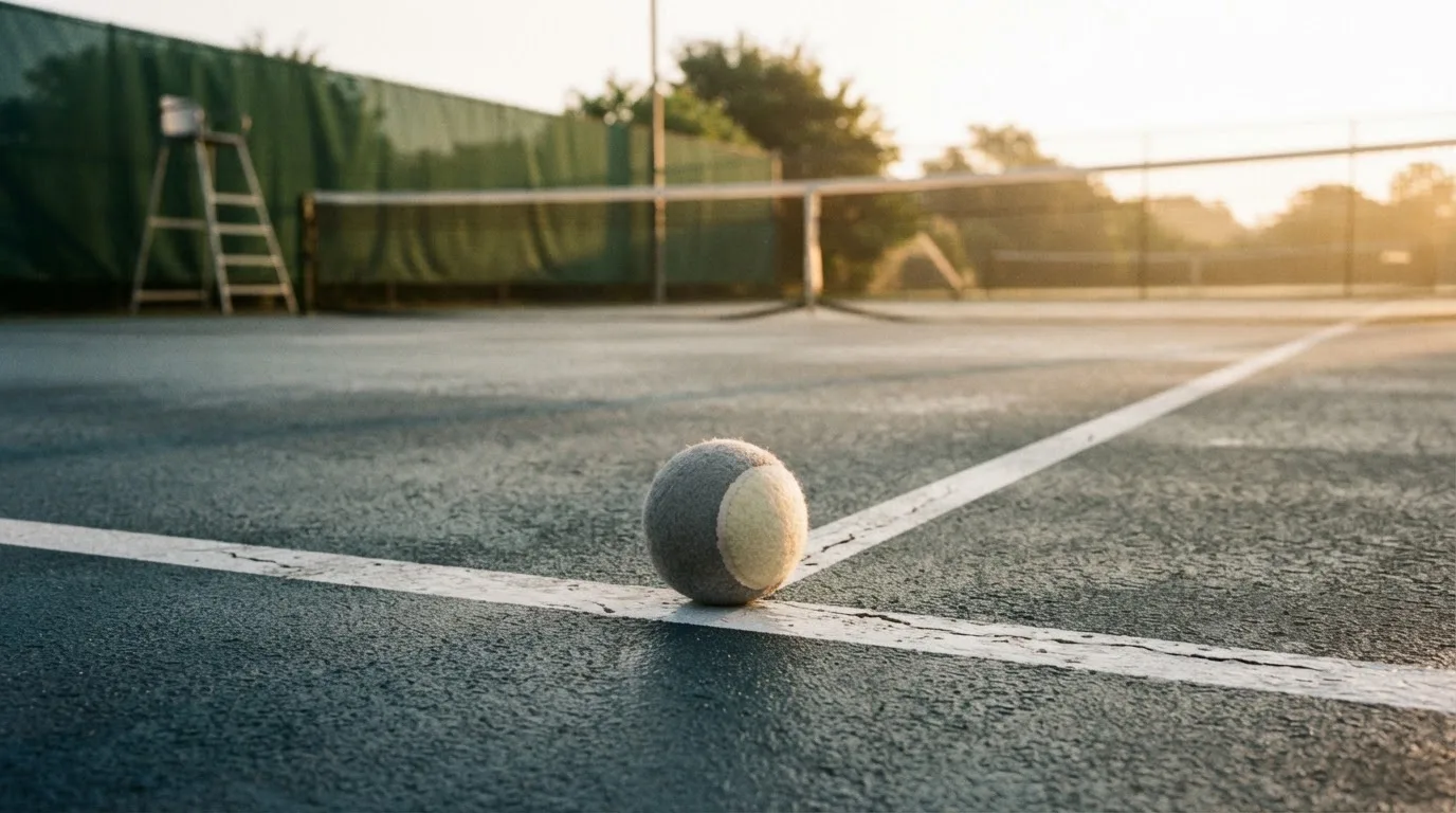 Ein Tennisplatz bei Sonnenaufgang, die Linien noch taufeucht, ein einzelner Ball liegt an der Grundlinie.