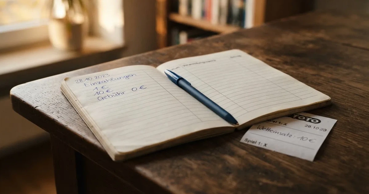 Ein paar Euro-Münzen und ein einzelner Geldschein liegen neben einem aufgeschlagenen Notizbuch mit handschriftlichen Zahlenreihen auf einem Schreibtisch.