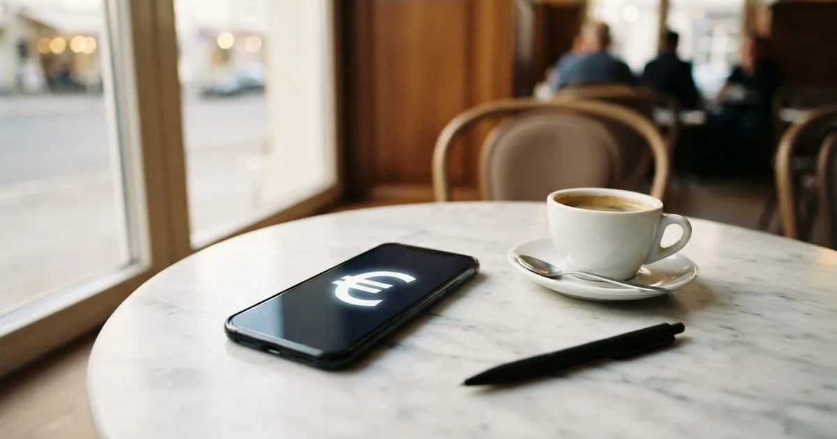 Ein Smartphone liegt mit dunklem Display auf einem Café-Tisch neben einer Tasse Kaffee und einem Kugelschreiber.